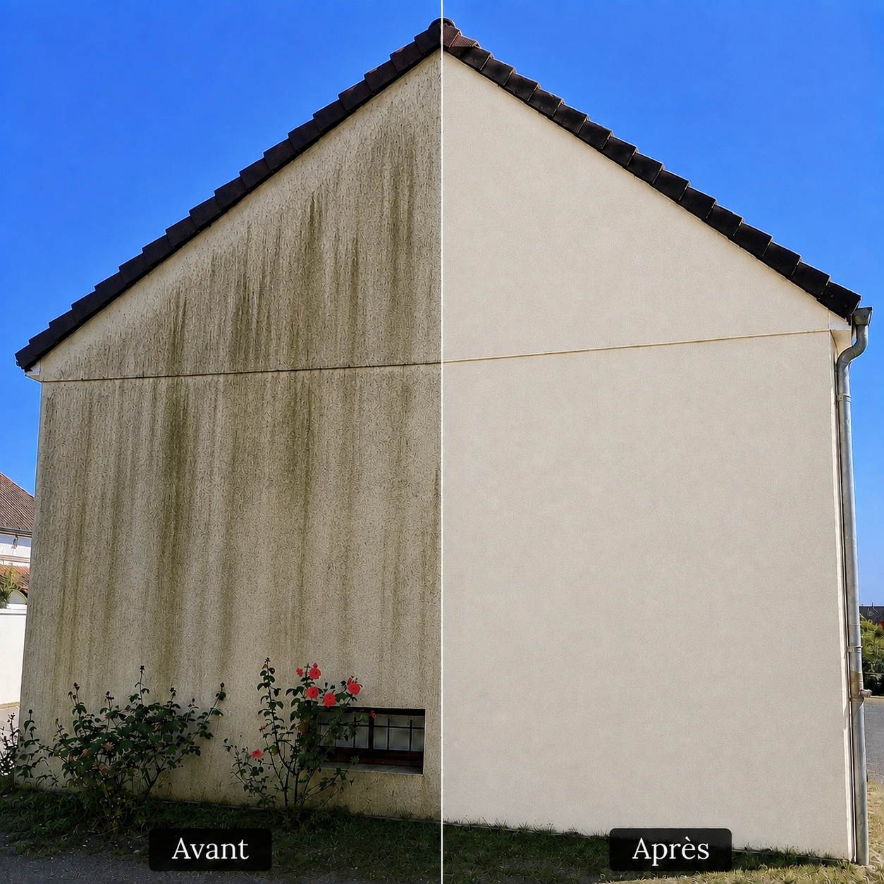 Avant et après le nettoyage d’une façade de maison marquée par des traces organiques